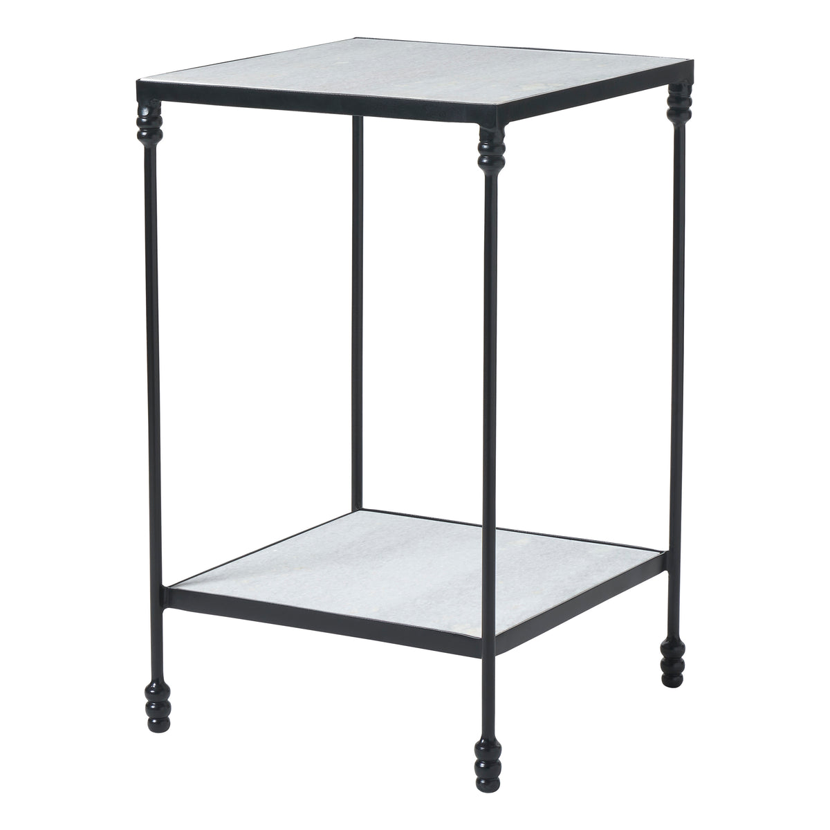 Giulia table with a black metal frame and gray stone top, featuring decorative legs.