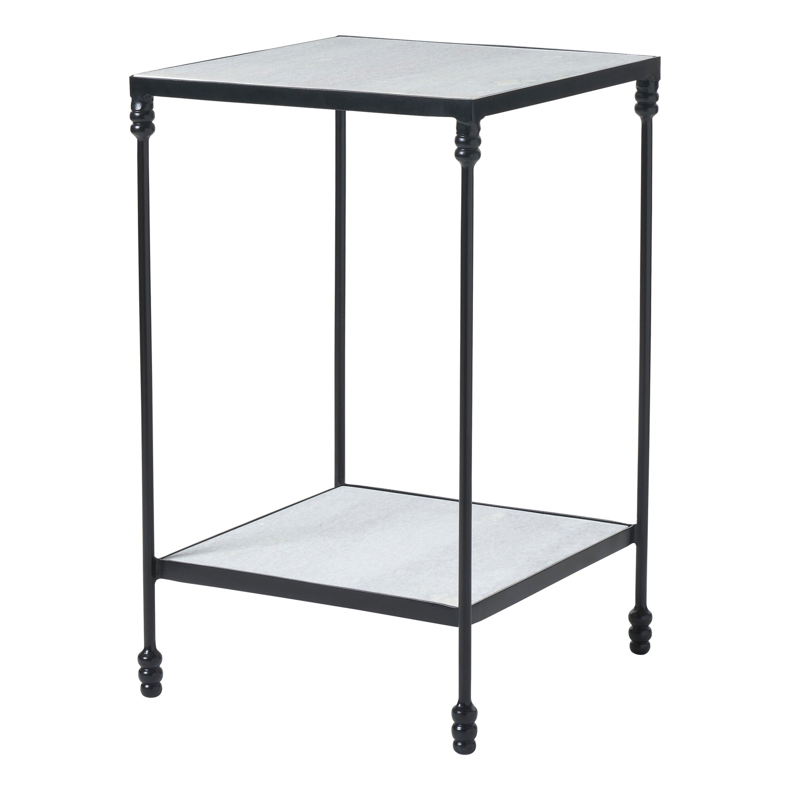 Giulia table with a black metal frame and gray stone top, featuring decorative legs.