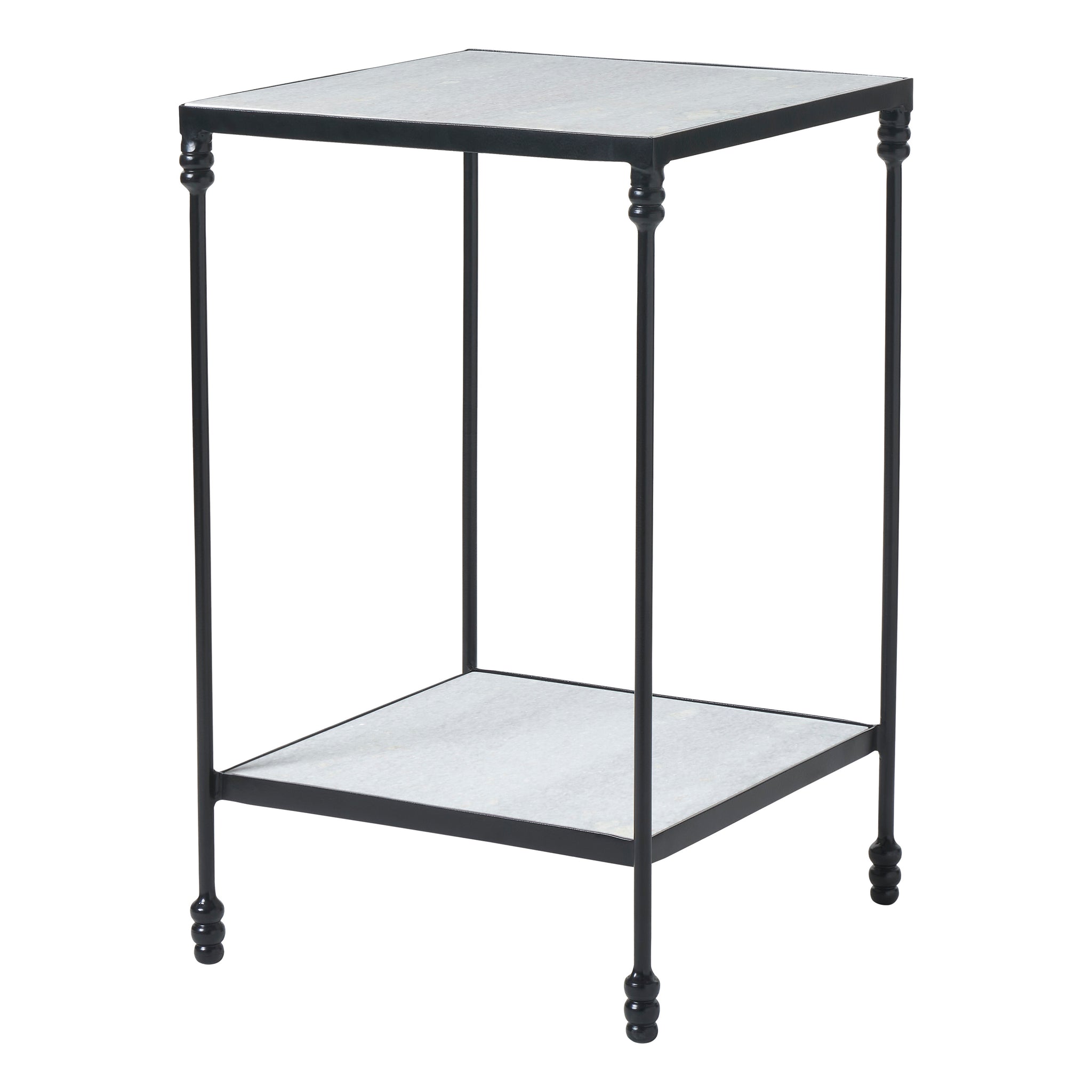 Giulia table with a black metal frame and gray stone top, featuring decorative legs.