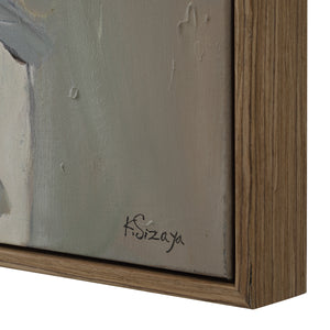 Close-up of Paine canvas art showing textured brush strokes and the artist's signature on a wooden frame.