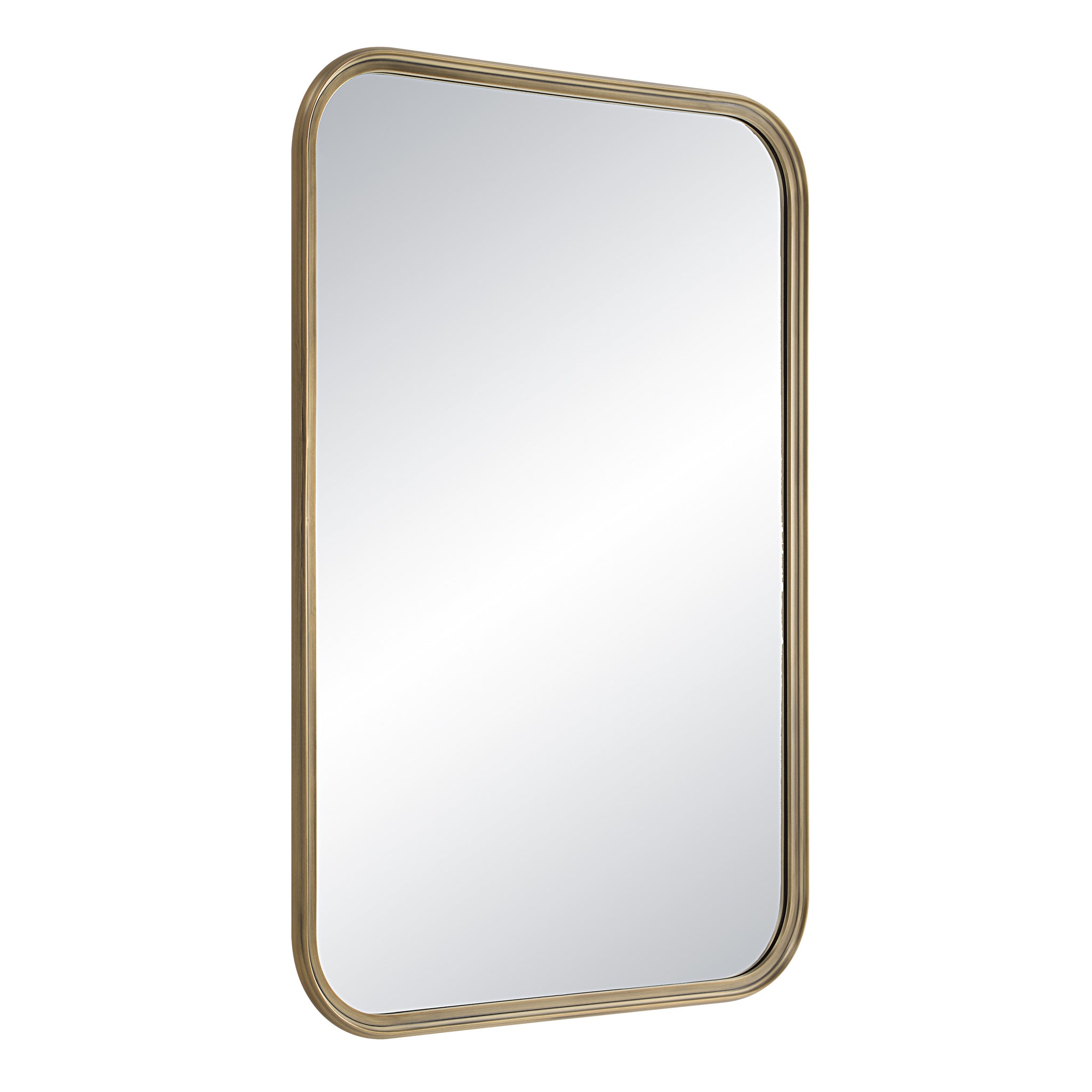 Jyn mirror by Renwil, angled view of rectangular mirror with gold metal frame and reflective surface.