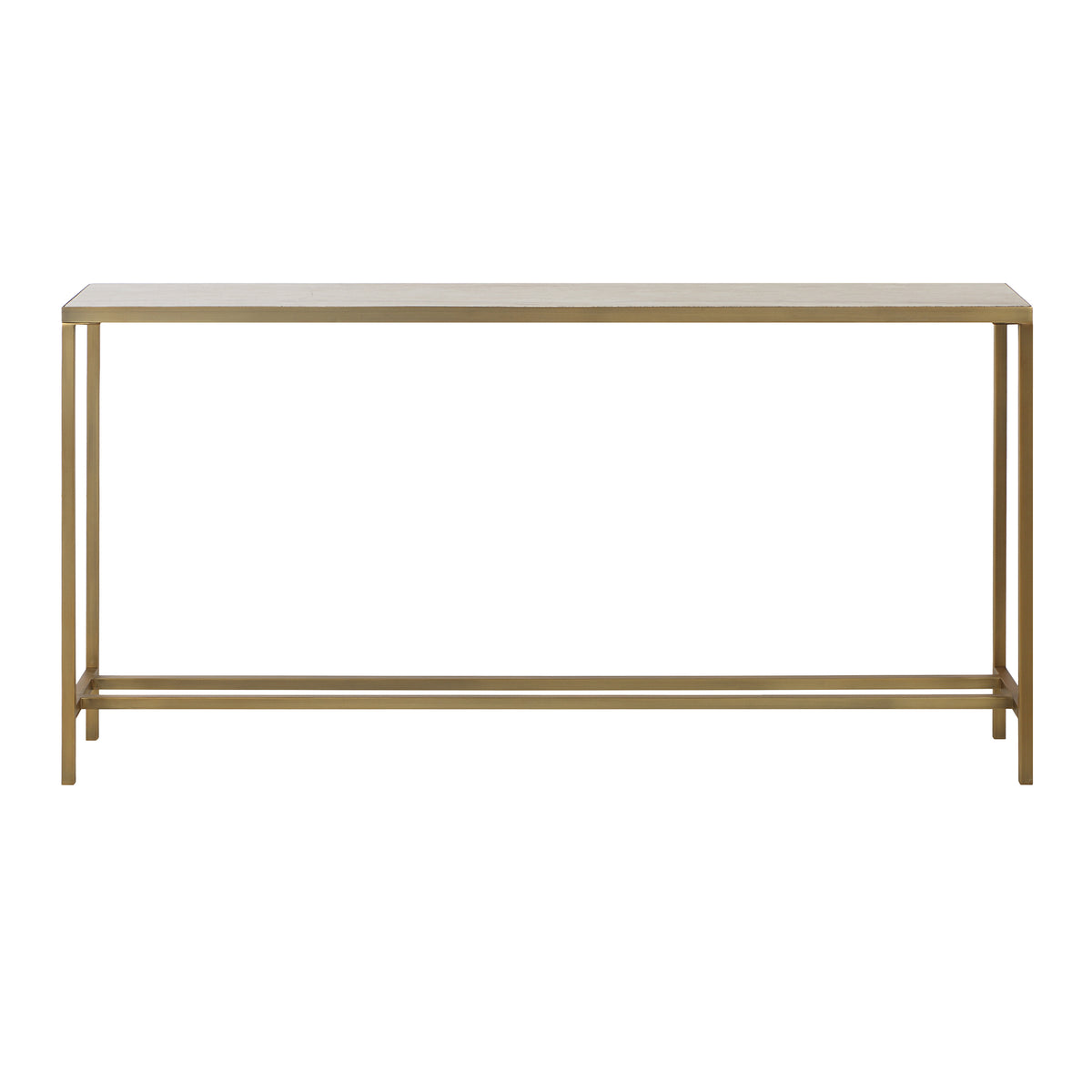 Bodin Console Table with gold metal frame and light wood top, front view