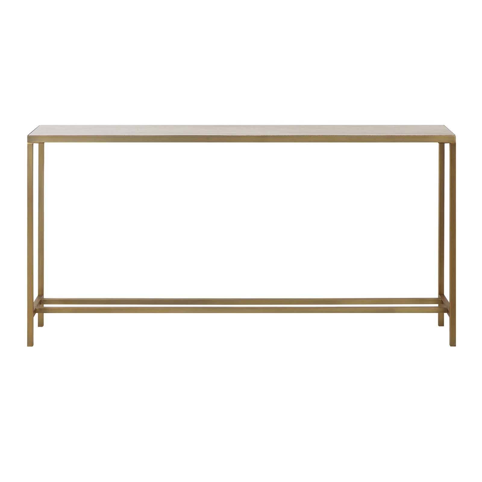Bodin Console Table with gold metal frame and light wood top, front view