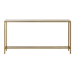 Bodin Console Table with gold metal frame and light wood top, front view