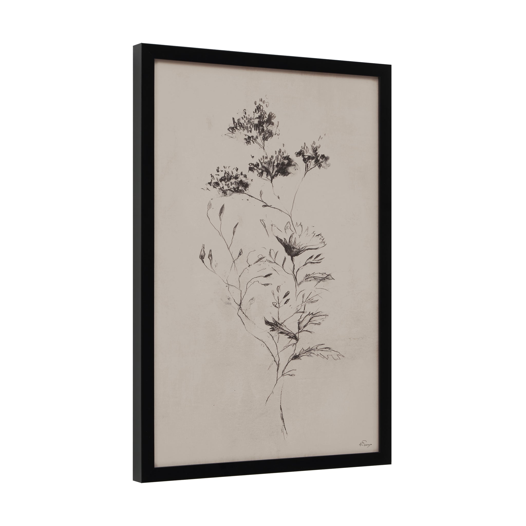 Adeline side view of floral artwork in black frame, highlighting elegant botanical illustrations.