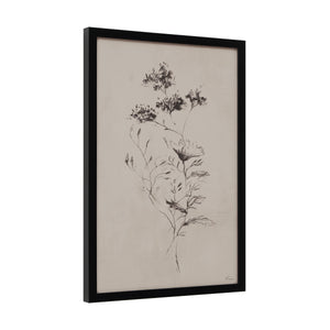 Adeline side view of floral artwork in black frame, highlighting elegant botanical illustrations.