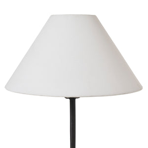 Kitts table lamp featuring a close-up of the white conical shade and black metal stem.