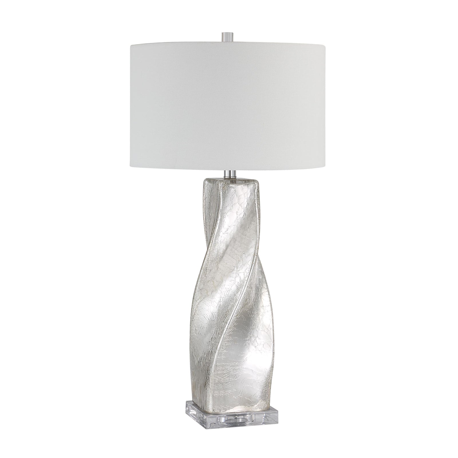 Lyons table lamp with a silver twisted base and white drum shade