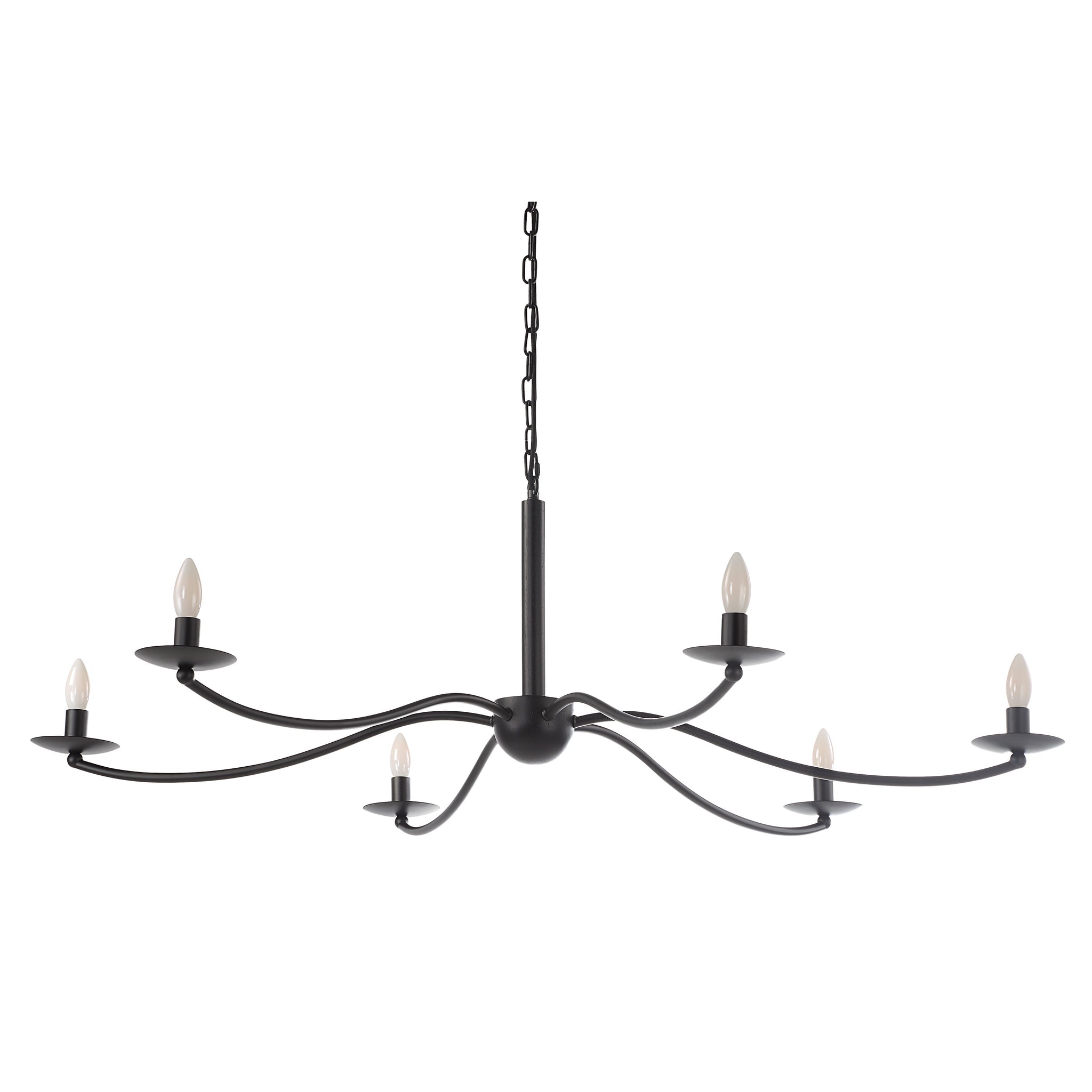 Landen chandelier by Renwil, black metal with six candle-style lights, viewed from below.