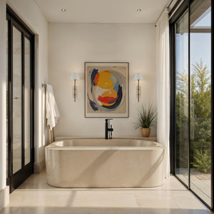 Acca Wall Sconces flanking a colorful abstract painting in a modern bathroom setting