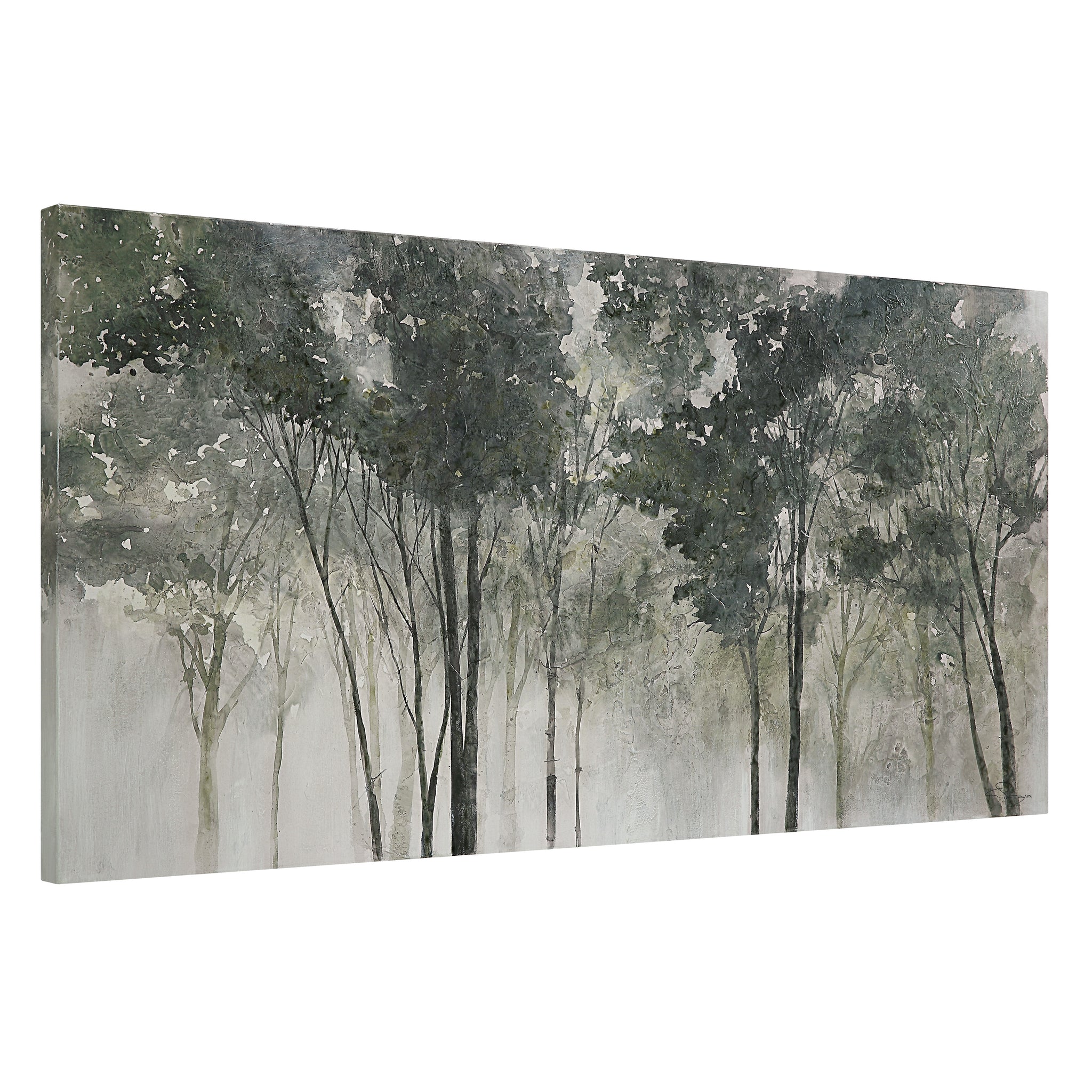 Potter canvas art showcasing a misty forest scene with tall trees