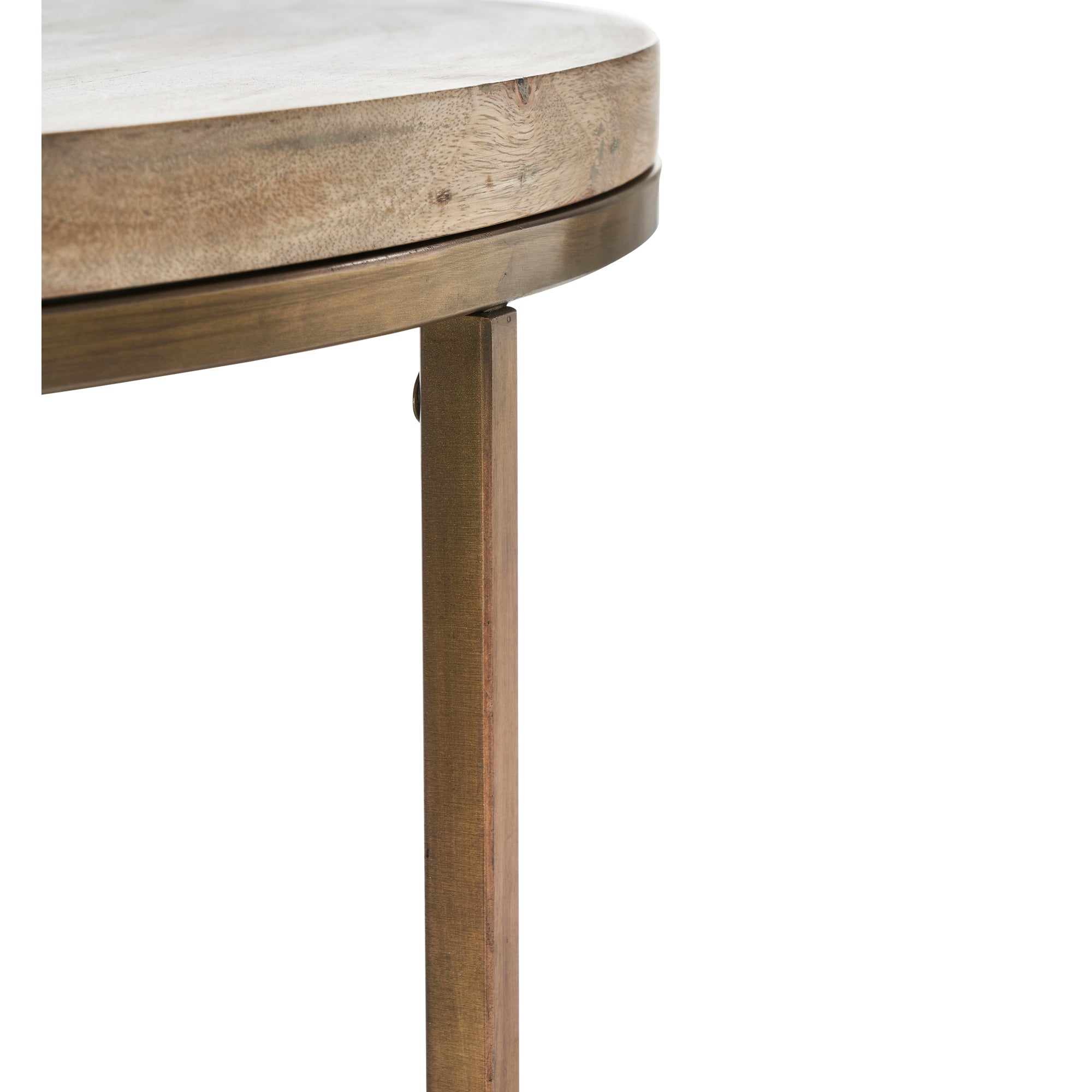 Liana Table by Renwil, featuring a round wood top and bronze metal base.