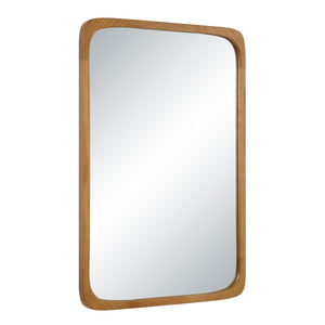 Scisto mirror featuring a rounded wooden frame, angled view showcasing its reflective surface.