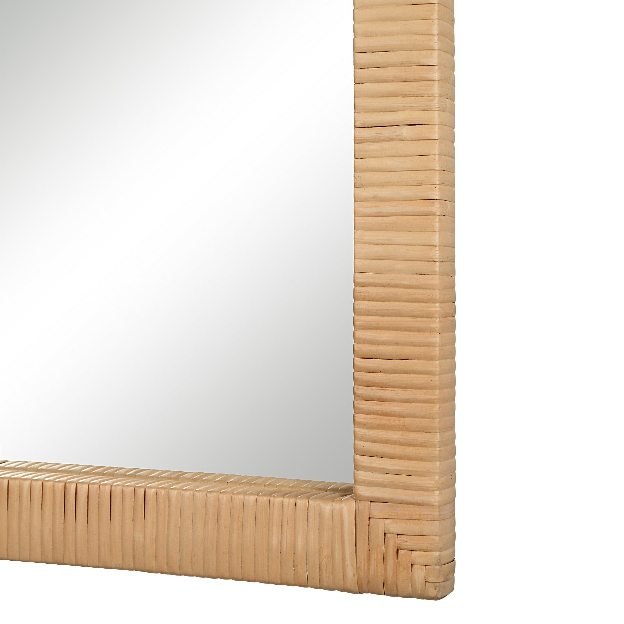 Close-up of Sara mirror by Renwil, highlighting the textured natural wood frame and clear mirror.
