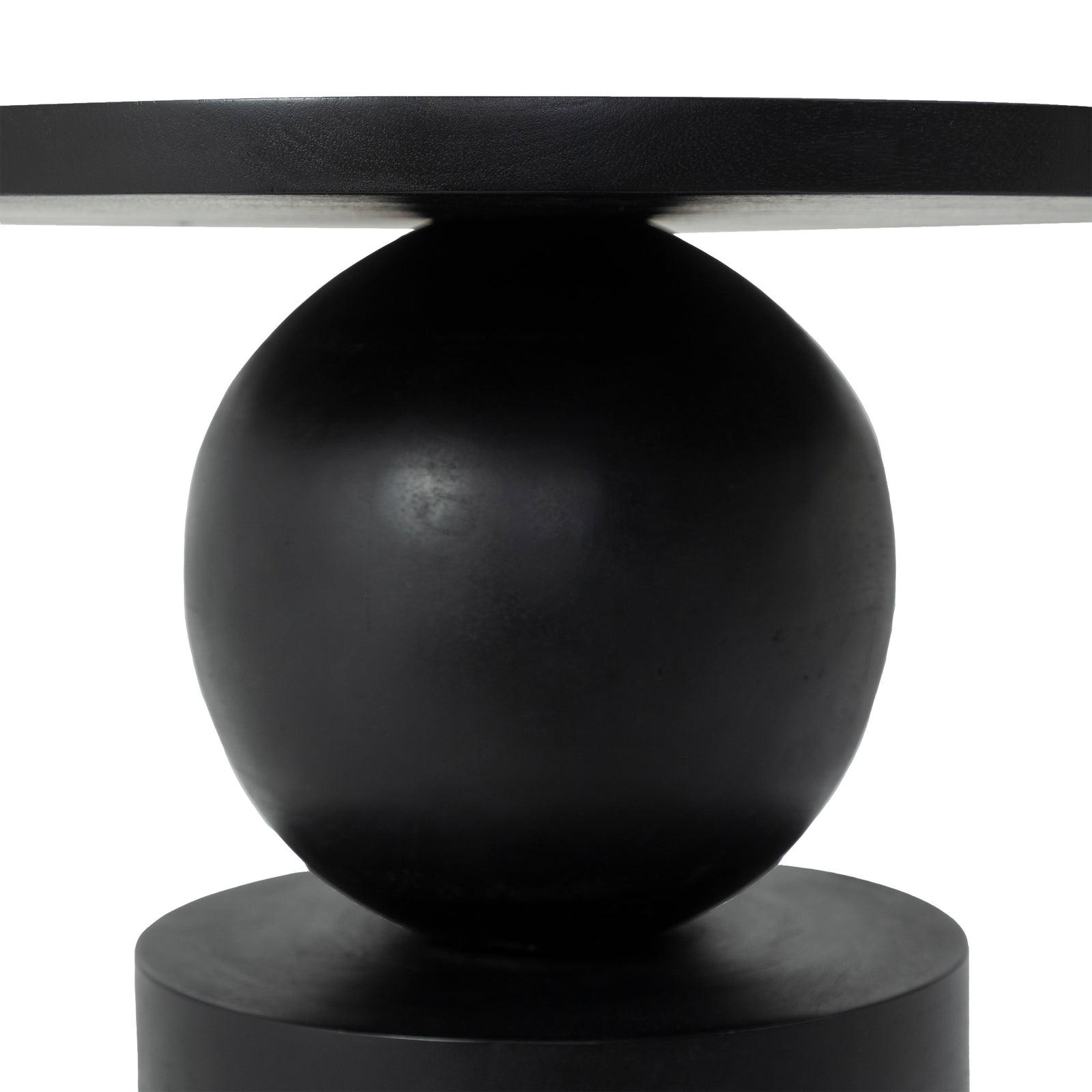 Paola side table in black with a round top and spherical base.