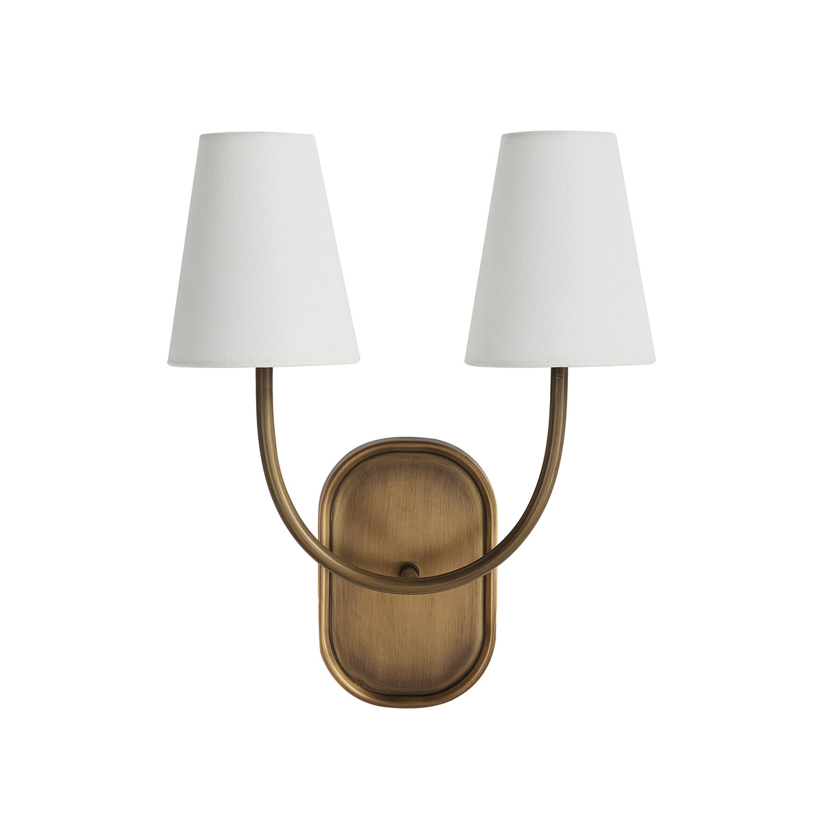 Maddie wall sconce with two white fabric shades and an antique brass finish