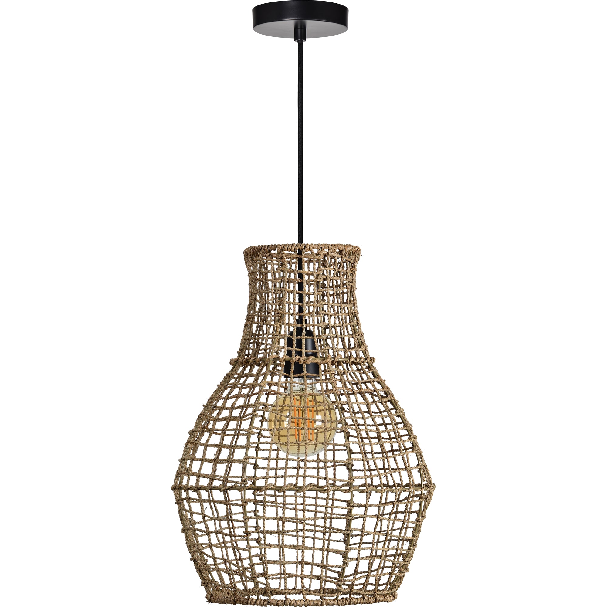 Nahanni Ceiling Fixture with a woven rattan shade and black ceiling mount, viewed from below.