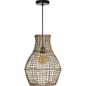 Nahanni Ceiling Fixture with a woven rattan shade and black ceiling mount, viewed from below.