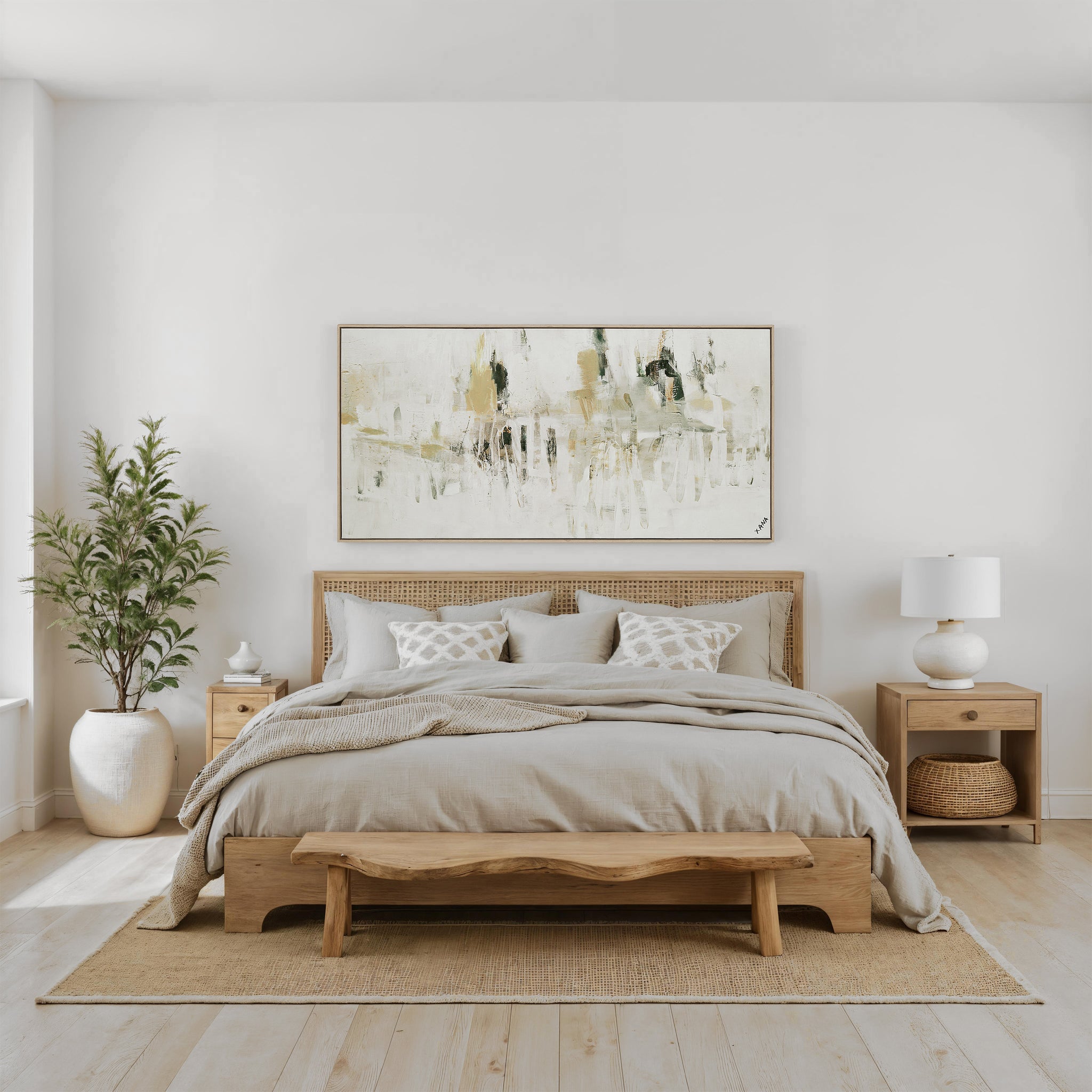 Oriel canvas art featuring abstract design in neutral tones, framed, displayed above a bed.
