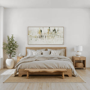 Oriel canvas art featuring abstract design in neutral tones, framed, displayed above a bed.