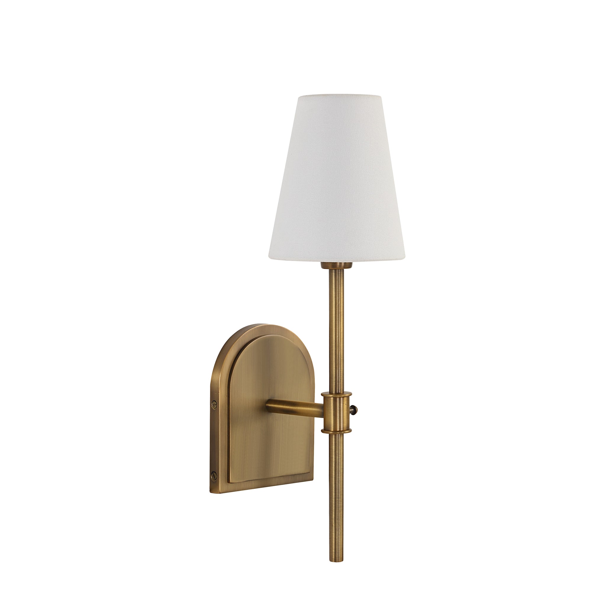 Montreux wall sconce showcasing a white shade and a polished brass base, angled view.