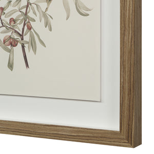 Crema canvas art showing a close-up of a branch with red buds and leaves, framed in light wood.