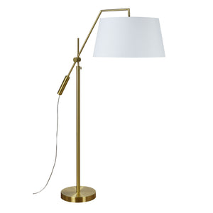 Claire Floor Lamp in brass with a white shade, showcasing its adjustable arm design.