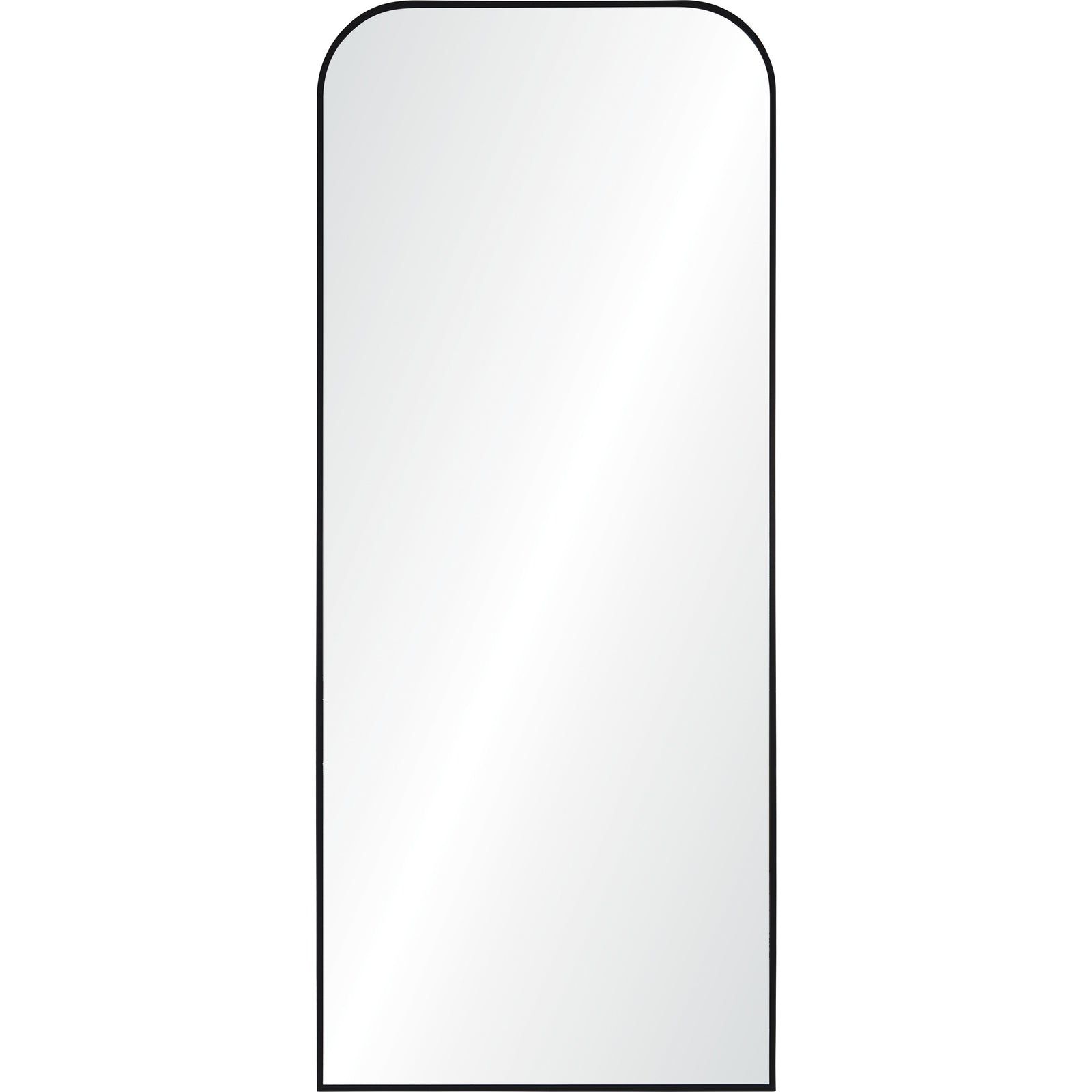 Mandret mirror by Renwil, vertical design with rounded top, black frame, reflective surface.