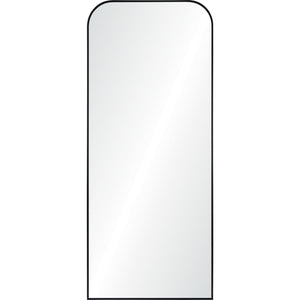 Mandret mirror by Renwil, vertical design with rounded top, black frame, reflective surface.