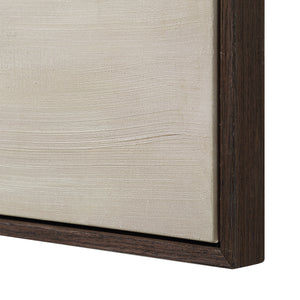 Close-up view of Lux canvas art showing beige textured fabric and dark wood frame