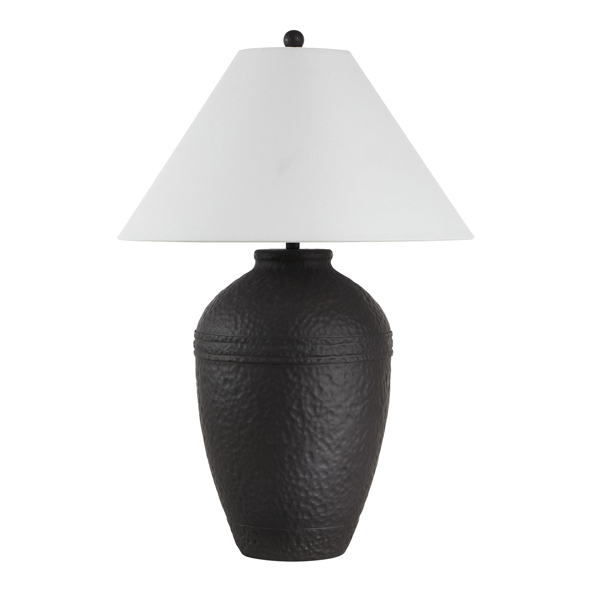 Cupper table lamp by Renwil with a textured black base and white cone shade.