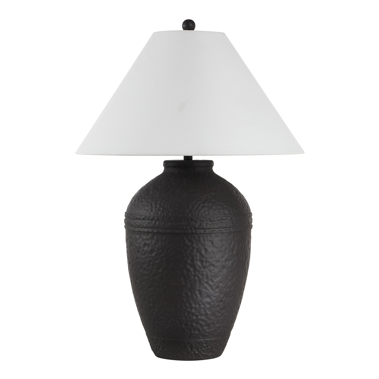 Cupper table lamp by Renwil with a textured black base and white cone shade.