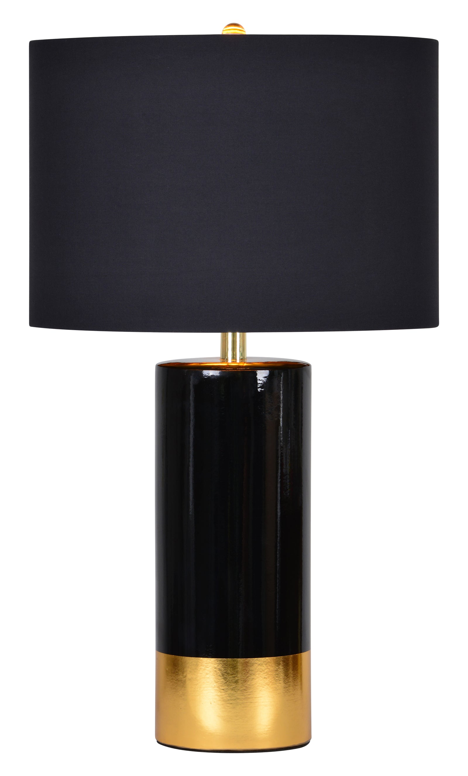 The Tuxedo Table Lamp featuring a black ceramic base with a gold accent and a black fabric shade.