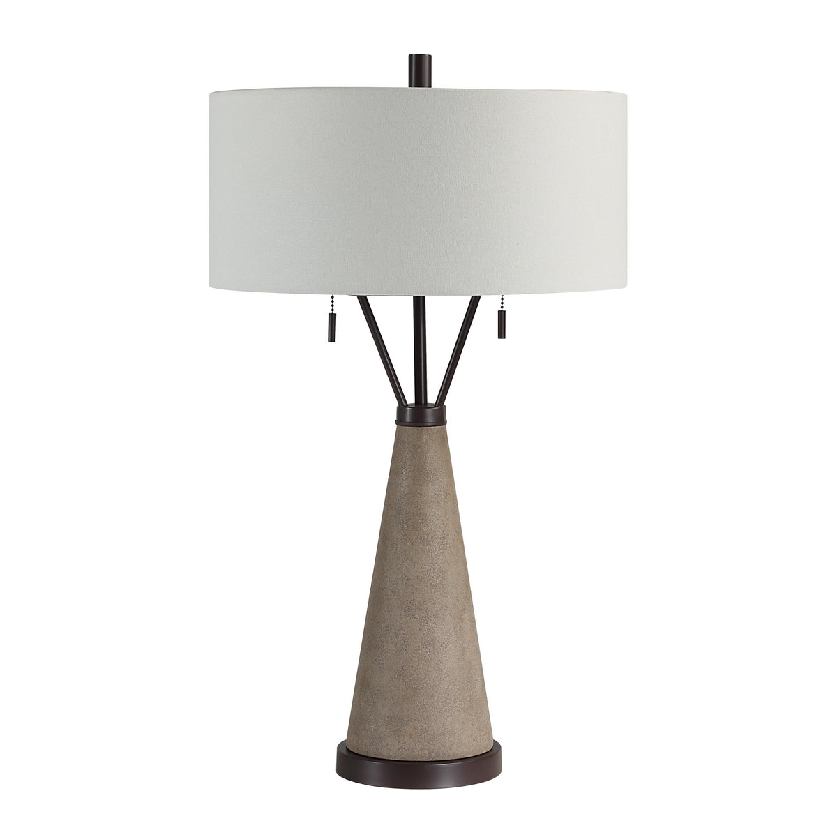 Lourdes Table Lamp featuring a conical gray base and a white drum shade.