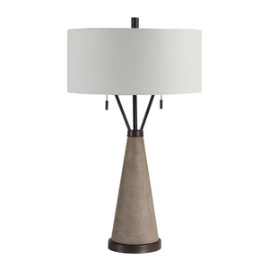 Lourdes Table Lamp featuring a conical gray base and a white drum shade.