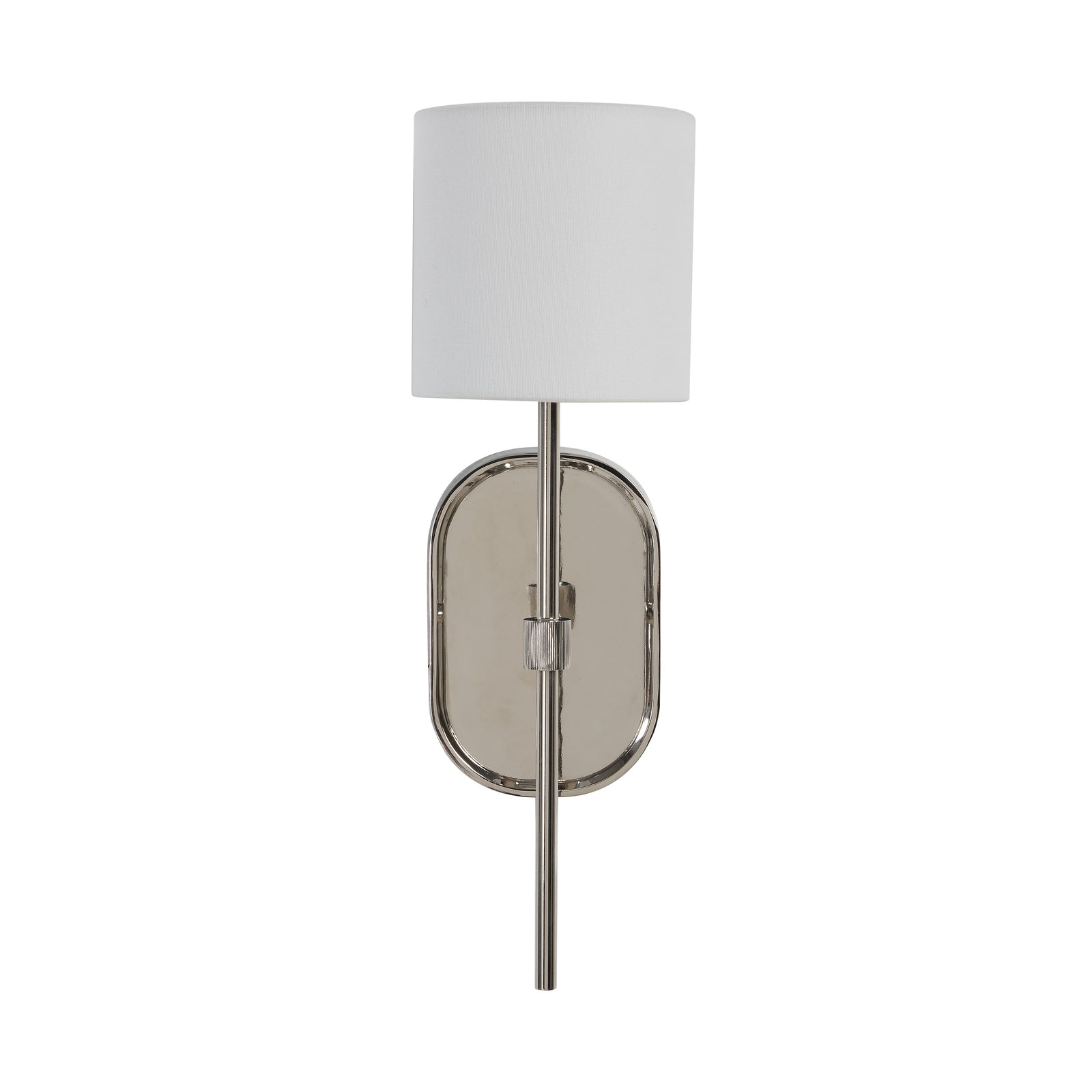 Whitney wall sconce with a white fabric shade and polished nickel finish