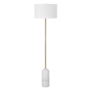 Lozica Floor Lamp with white drum shade and marble base, featuring a gold metal stem.