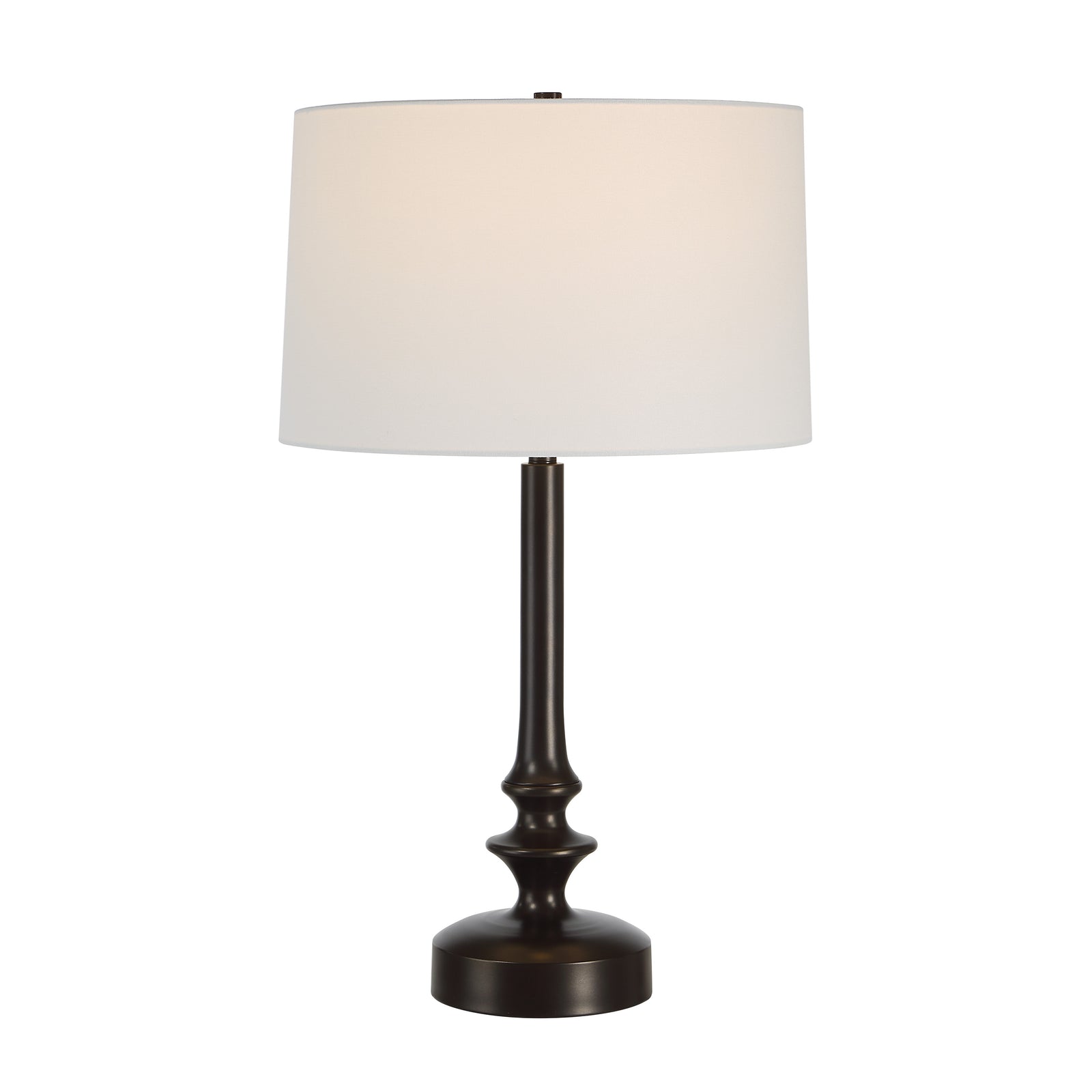 Zyra Table Lamp with white shade and dark bronze base, elegant design, side view.