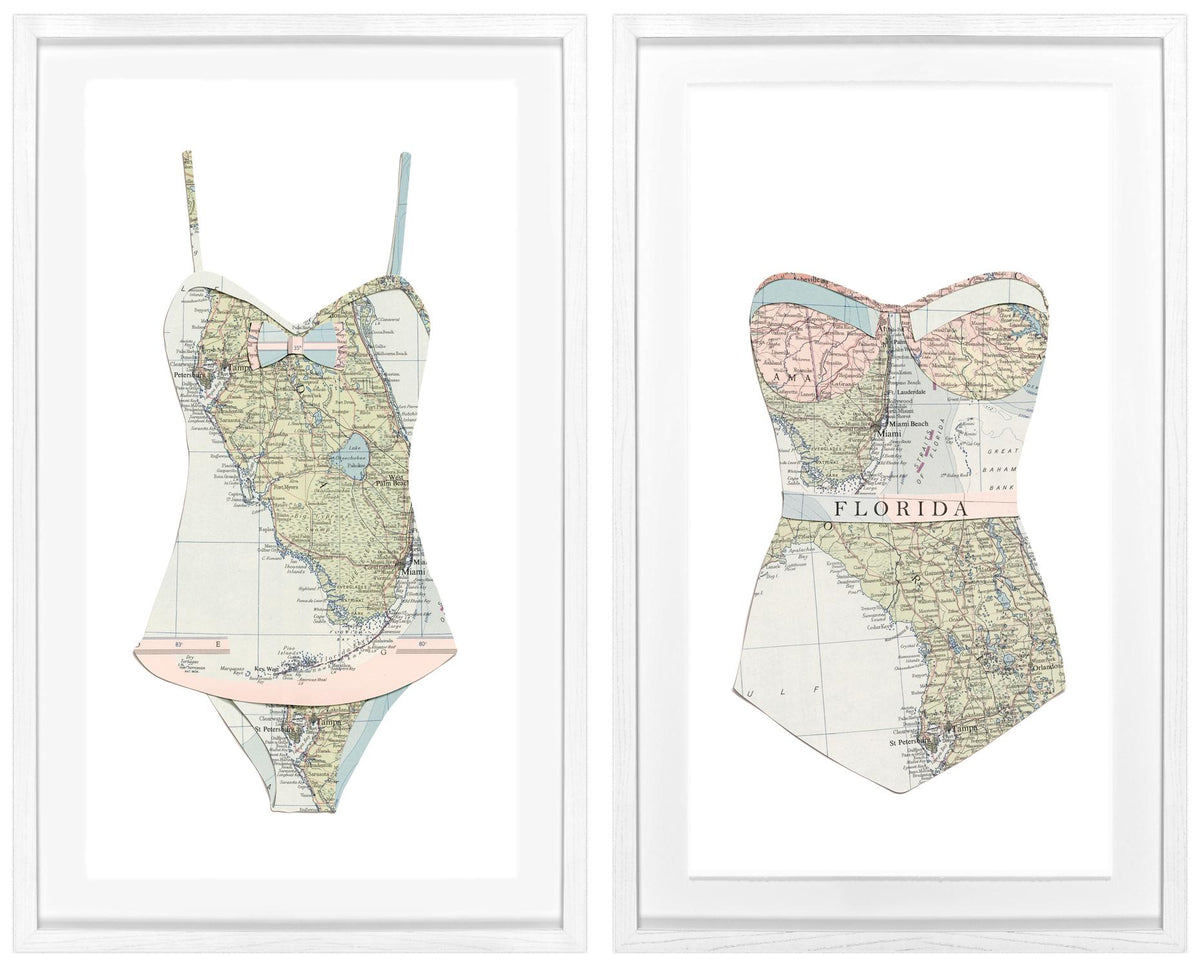 Florida Swim Cutout I & II Bundle featuring two framed wall art pieces of swimsuits made from vintage maps of Florida.