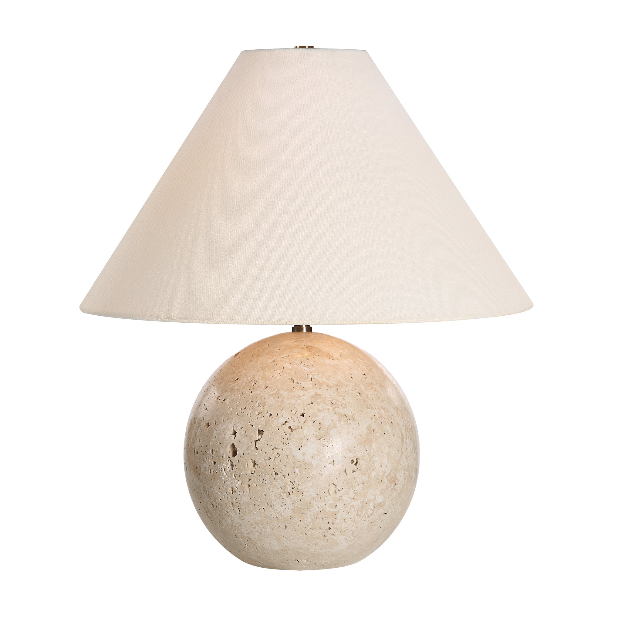 Assen Table Lamp featuring a beige stone base and an off-white fabric shade.
