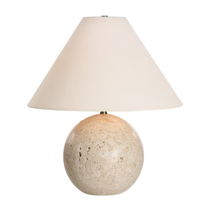 Assen Table Lamp featuring a beige stone base and an off-white fabric shade.