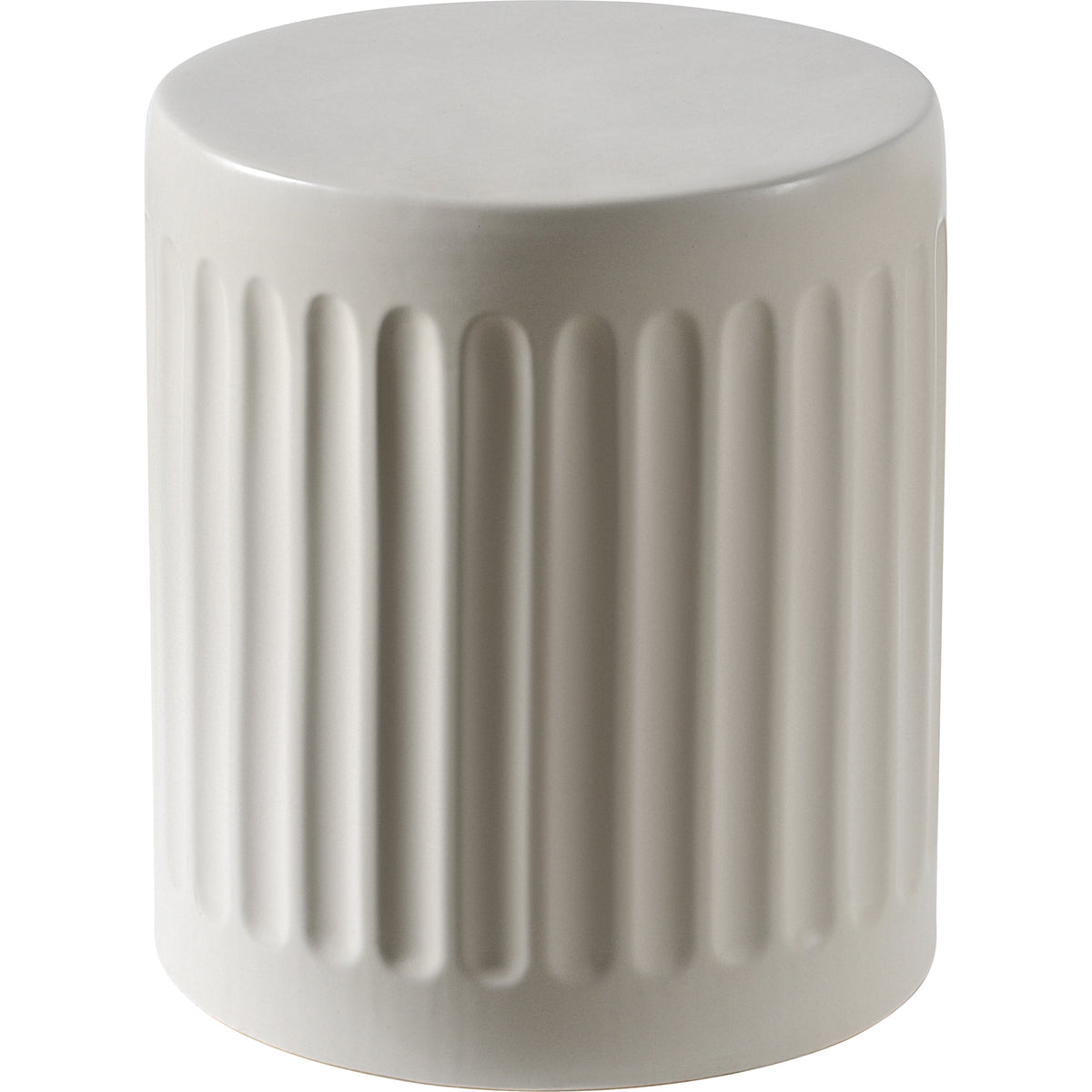 Lucian Table in light gray ceramic with vertical ribbed texture, top view.