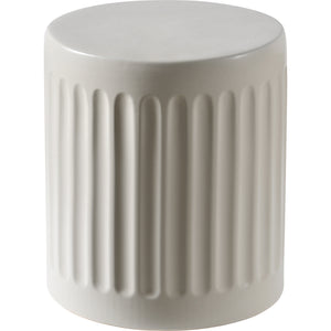 Lucian Table in light gray ceramic with vertical ribbed texture, top view.