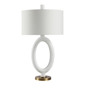Aeris Table Lamp with a white textured shade and a white ceramic base featuring a circular cutout.