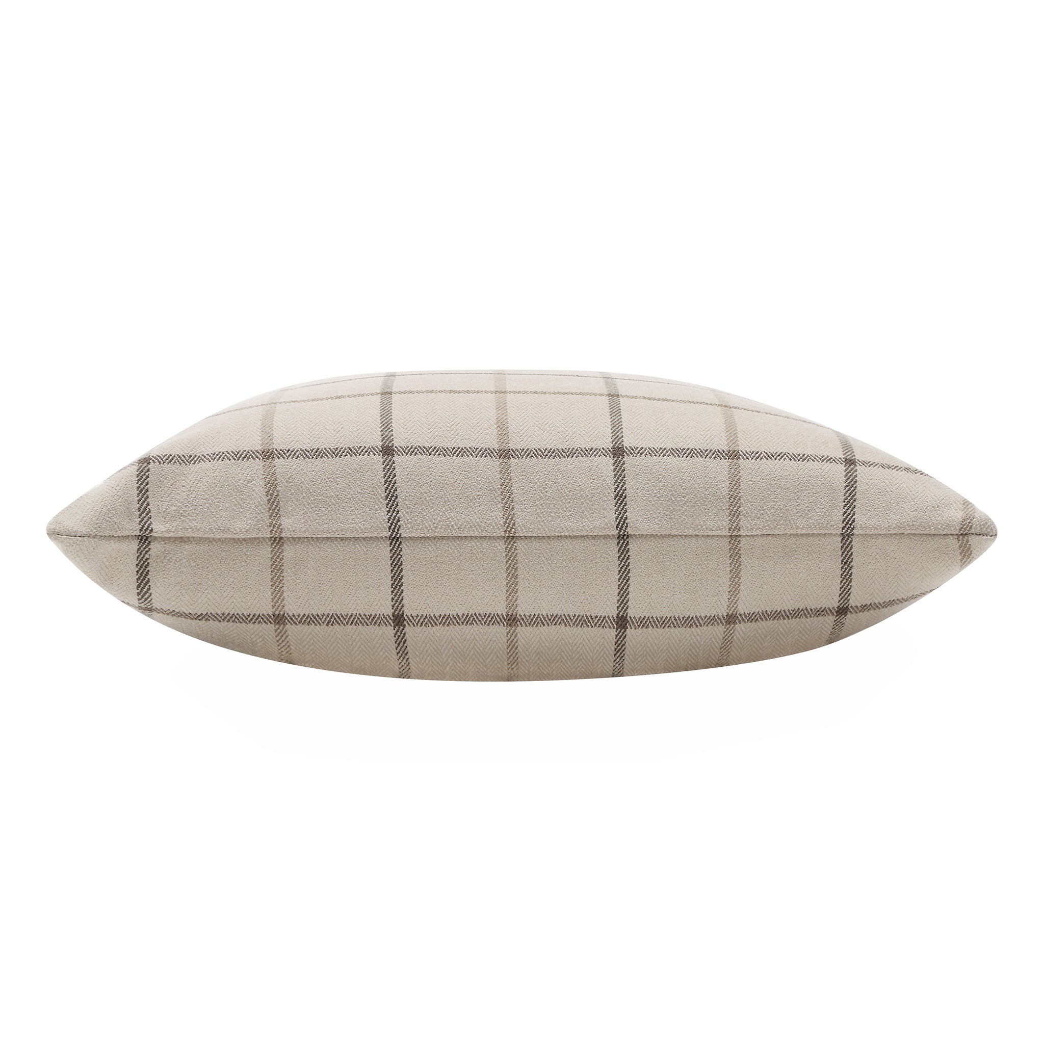 Thornhill pillow in a long shape with a beige and brown plaid pattern.