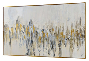 Kobi canvas art displayed at an angle, highlighting abstract patterns in gray and gold tones