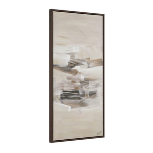 Lux canvas art displayed at an angle, showcasing abstract beige and gray patterns
