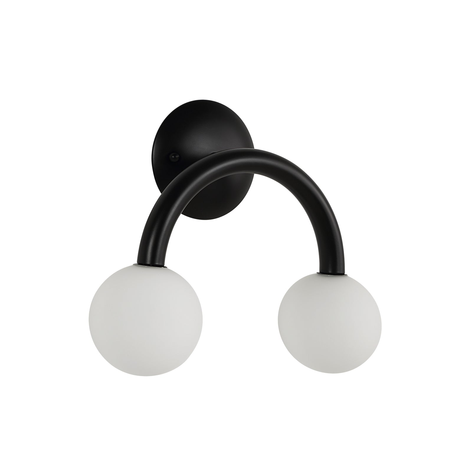 Santo wall sconce with two white globes and a black curved arm