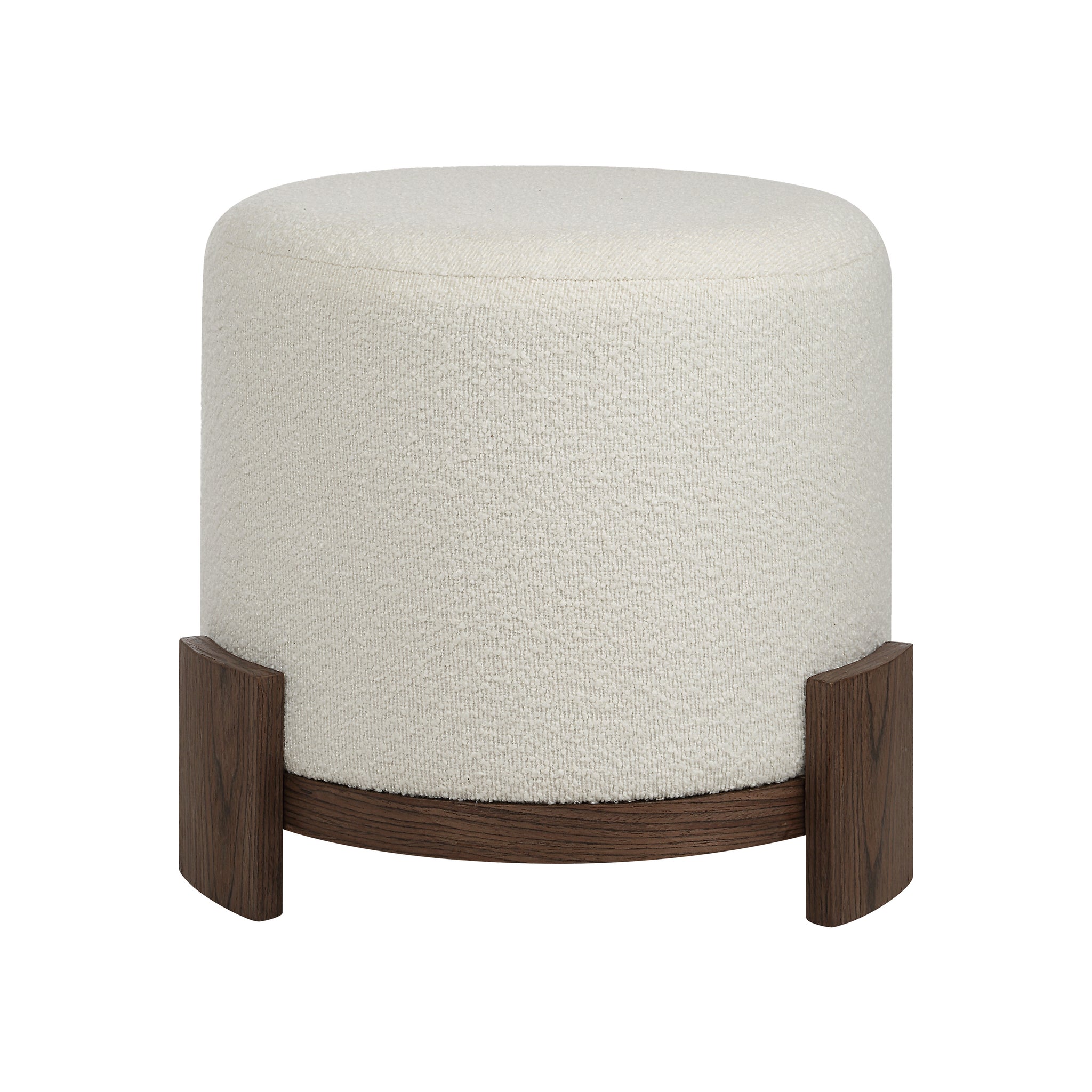 Chaves Ottoman by Renwil, round shape with cream textured fabric and dark wood base