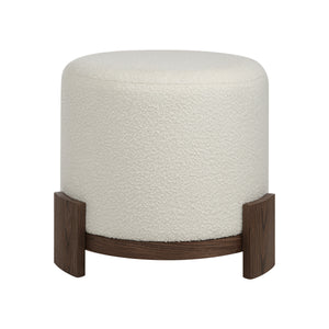 Chaves Ottoman by Renwil, round shape with cream textured fabric and dark wood base